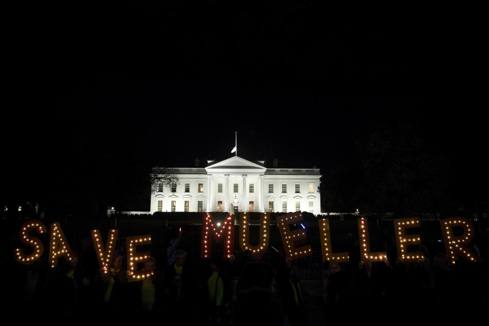 Protesters gather in front of the White House in Washington, Thursday, Nov. 8, 2018, as part of a nationwide "Protect Mueller" campaign demanding that Acting U.S. Attorney General Matthew Whitaker recuse himself from overseeing the ongoing special counsel investigation. (AP Photo/Andrew Harnik)