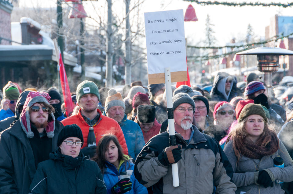 The crowd at the Love Not Hate gathering in Whitefish, MT, in sub-zero temperatures. (Photo: Lauren Grabelle)