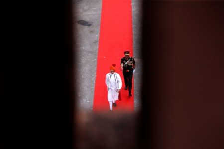 Indian Prime Minister Narendra Modi arrives to address the nation during Independence Day celebrations at the historic Red Fort in Delhi, India, August 15, 2018. REUTERS/Adnan Abidi