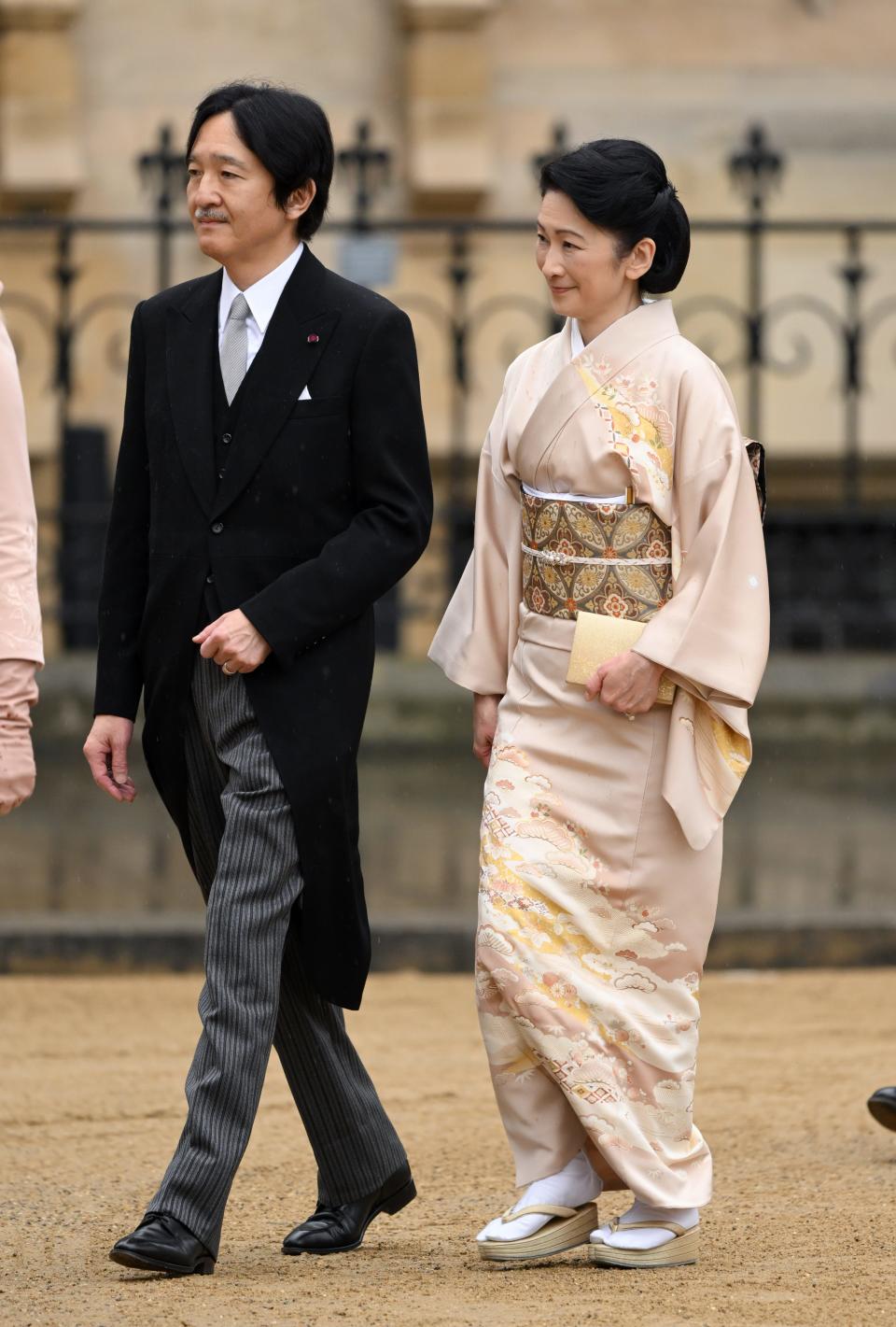 Crown Prince Akishino of Japan and Crown Princess Kiko of Japan arrive at Westminster Abbey for the Coronation of King Charles III and Queen Camilla on May 6, 2023 in London, England.