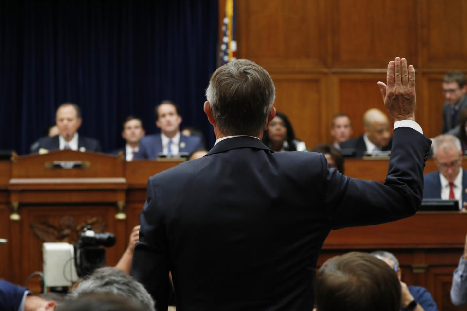 Acting Director of National Intelligence Joseph Maguire is sworn in before testifying before the House Intelligence Committee on Capitol Hill in Washington, Thursday, Sept. 26, 2019. (AP Photo/Pablo Martinez Monsivais)