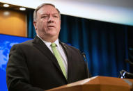 Secretary of State Mike Pompeo speaks during a press briefing at the State Department on Wednesday, May 20, 2020, in Washington. (Nicholas Kamm/Pool Photo via AP)