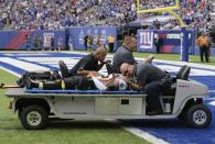 <p>Trainers cart New Orleans Saints cornerback P.J. Williams (25) off the field during the first half of an NFL football game against the New York Giants Sunday, Sept. 18, 2016, in East Rutherford, N.J. (AP Photo/Seth Wenig) </p>