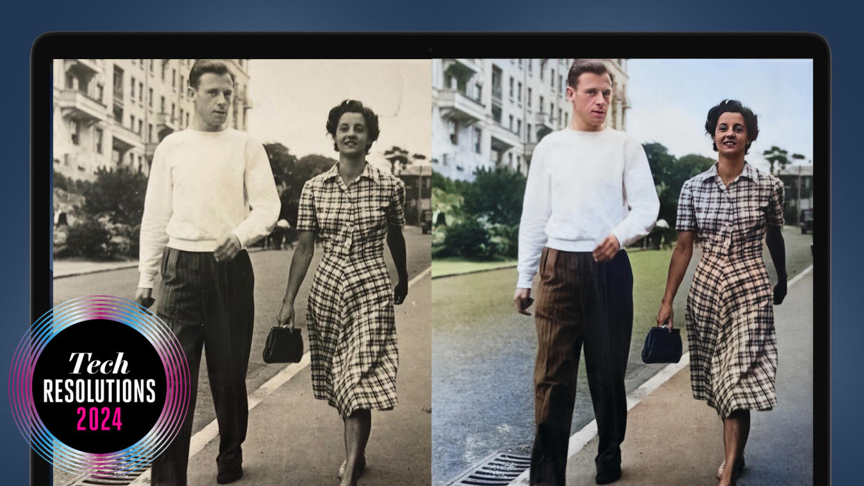  A laptop showing two photos of a couple walking down the street. 