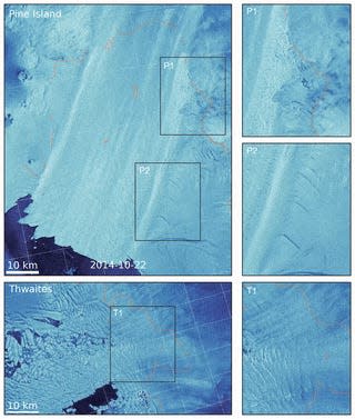 Series of satellite images showing glaciers melting.