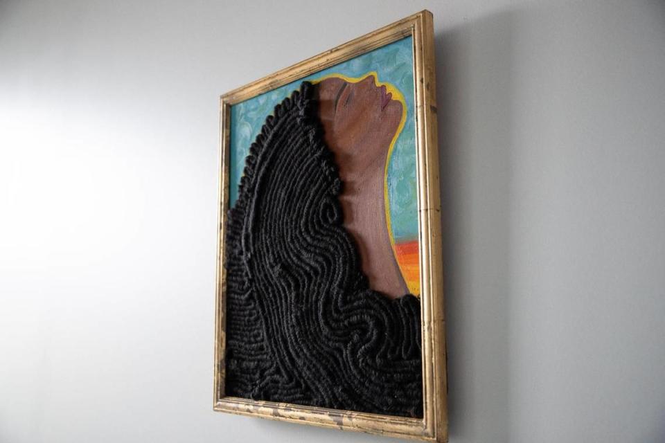 Christa Rice utilizes different materials within her art such as yarn and wire to display the broad range of complex hair textures Black women have.