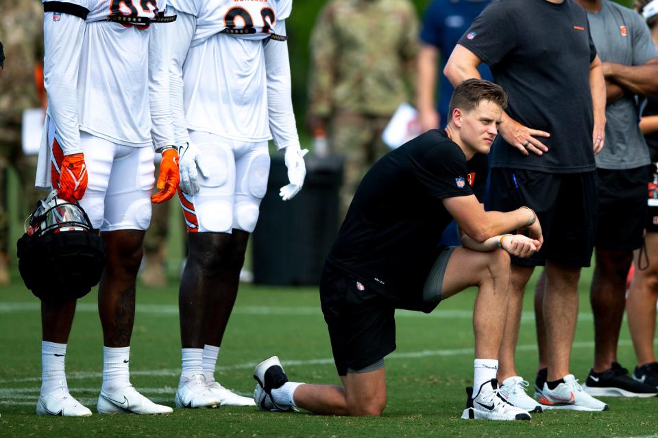 Cincinnati Bengals quarterback Joe Burrow (9) looks on during the preseason training camp at Paul Brown Stadium Monday, Aug. 8, 2022. There continues to be no timetable for his return.