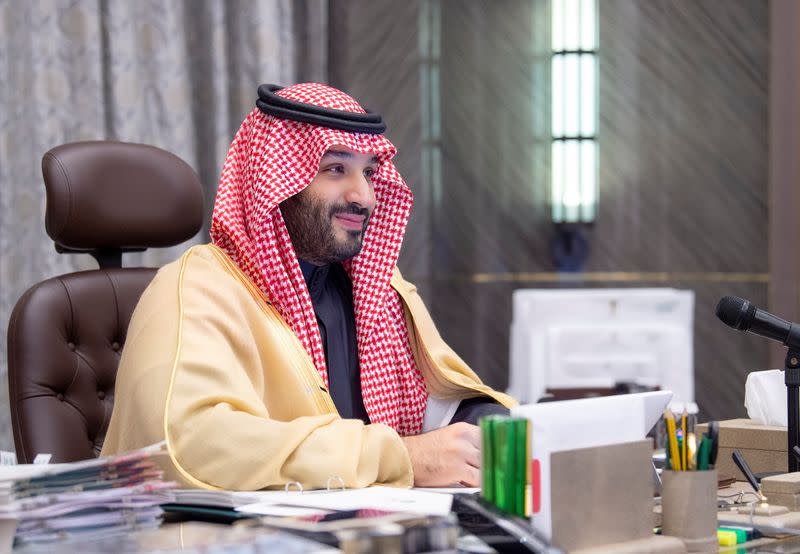 Saudi Crown Prince Mohammed bin Salman chairs first season of the Saudi-Bahraini Coordination Council, virtually, with Bahrain's Prime Minister and Crown Prince Salman bin Hamad al-Khalifa, in Riyadh