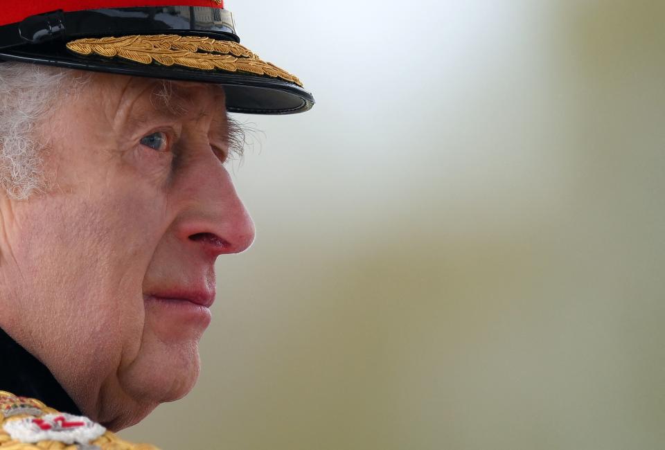 TOPSHOT - Britain's King Charles III inspects graduating officer cadets march during the 200th Sovereign's Parade at the Royal Military Academy, Sandhurst, southwest of London on April 14, 2023. (Photo by Daniel LEAL / AFP) (Photo by DANIEL LEAL/AFP via Getty Images)