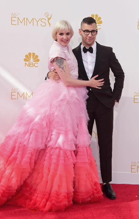 Girls' creator Lena Durham pictured with musician Jack Antonoff at the Emmy Awards in Los Angeles, August 25, 2014