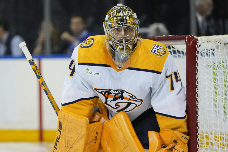 Nashville Predators goaltender Juuse Saros (74) protects his net during the second period of an NHL hockey game against the New York Rangers Thursday, Oct. 19, 2023, in New York. (AP Photo/Frank Franklin II)