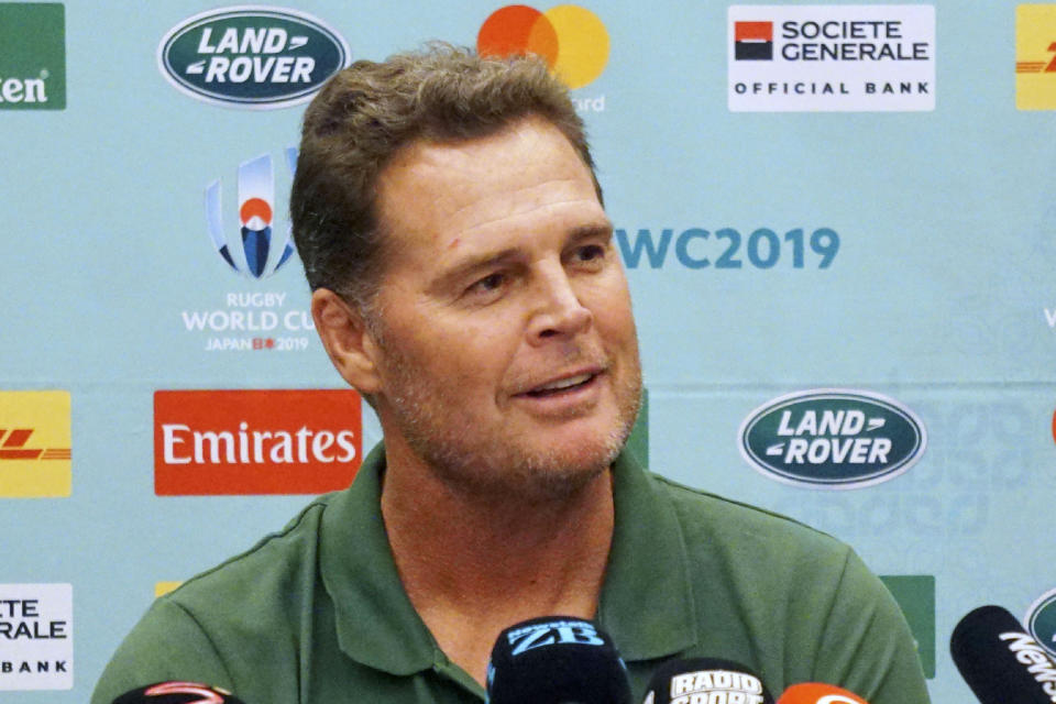 South Africa’s coach Rassie Erasmus speaks during a press conference in Urayasu, near Tokyo, Wednesday, Sept. 18, 2019, ahead of the Rugby World Cup in Japan. South Africa will play against New Zealand on Saturday, Sept. 21 in Yokohama on just the second day of the Rugby World Cup. (Kyodo News via AP)