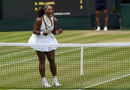 Britain Tennis - Wimbledon - All England Lawn Tennis & Croquet Club, Wimbledon, England - 9/7/16 USA's Serena Williams celebrates winning the first set in the womens singles final match against Germany's Angelique Kerber REUTERS/Toby Melville