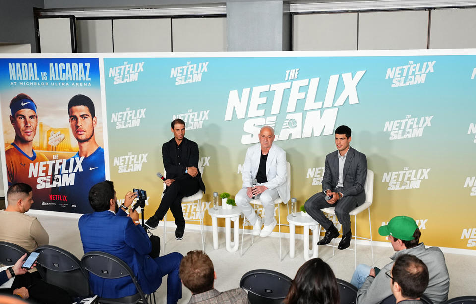 From left: Rafael Nadal, Andre Agassi and Carlos Alcaraz speak onstage during The Netflix Slam media availability event at Mandalay Bay Resort and Casino on March 2, 2024, in Las Vegas.