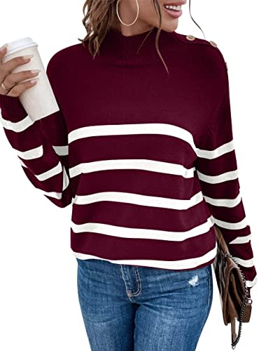LONGYUAN Women 2022 Turtleneck Striped Knit Sweater Long Sleeves Crew Neck Warm Color Block Pullover W-Deep Red XL