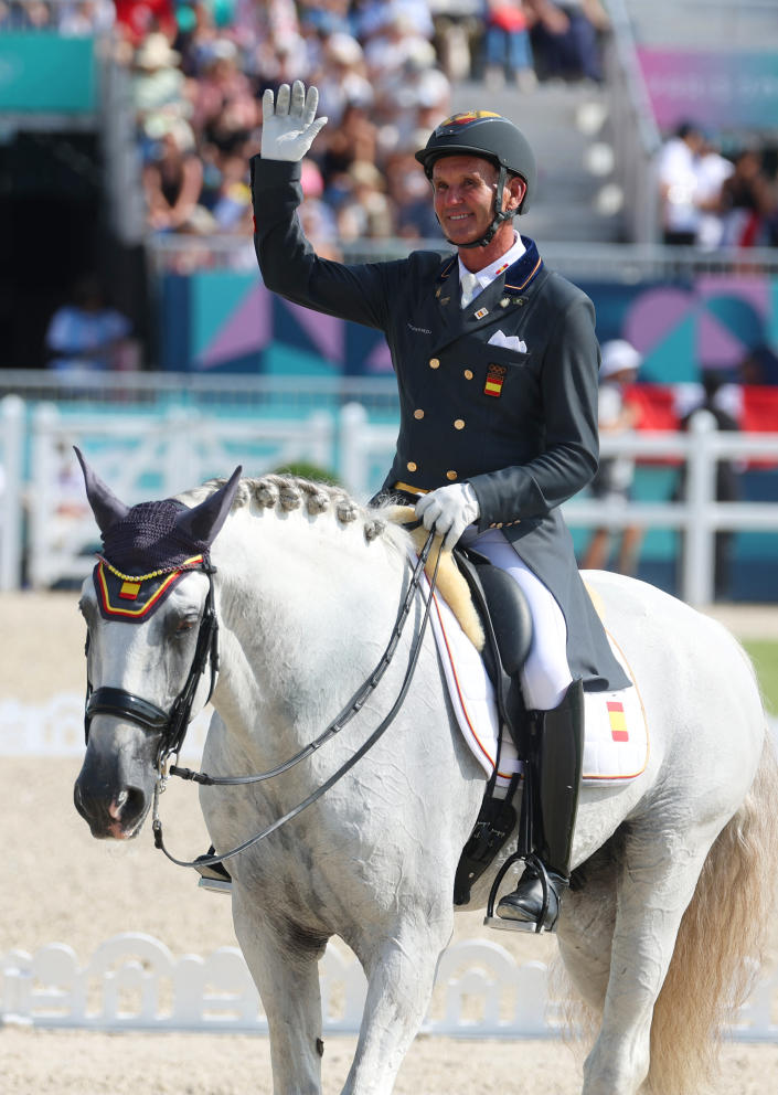 Spain's Juan Antonio Jimenez Cobo with horse Euclides Mor competes in the equestrian's dressage individual grand prix day 2 during the Paris 2024 Olympic Games at the Chateau de Versailles, in Versailles, in the western outskirts of Paris, on July 31, 2024.