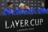 From left, Serbia's Novak Djokovic, Captain Bjorn Borg, Switzerland's Roger Federer and Spain's Rafael Nadal attend a press conference ahead of the Laver Cup tennis tournament at the O2 in London, Thursday, Sept. 22, 2022. (AP Photo/Kin Cheung)