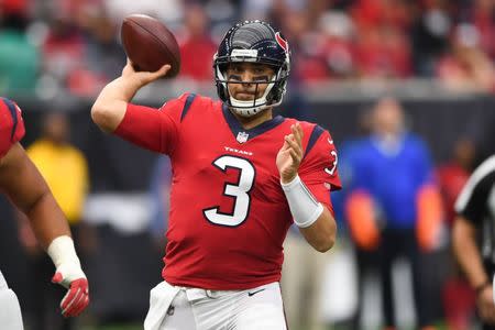 Dec 10, 2017; Houston, TX, USA; Houston Texans quarterback Tom Savage (3) looks to pass during the first quarter against the San Francisco 49ers at NRG Stadium. Shanna Lockwood-USA TODAY Sports