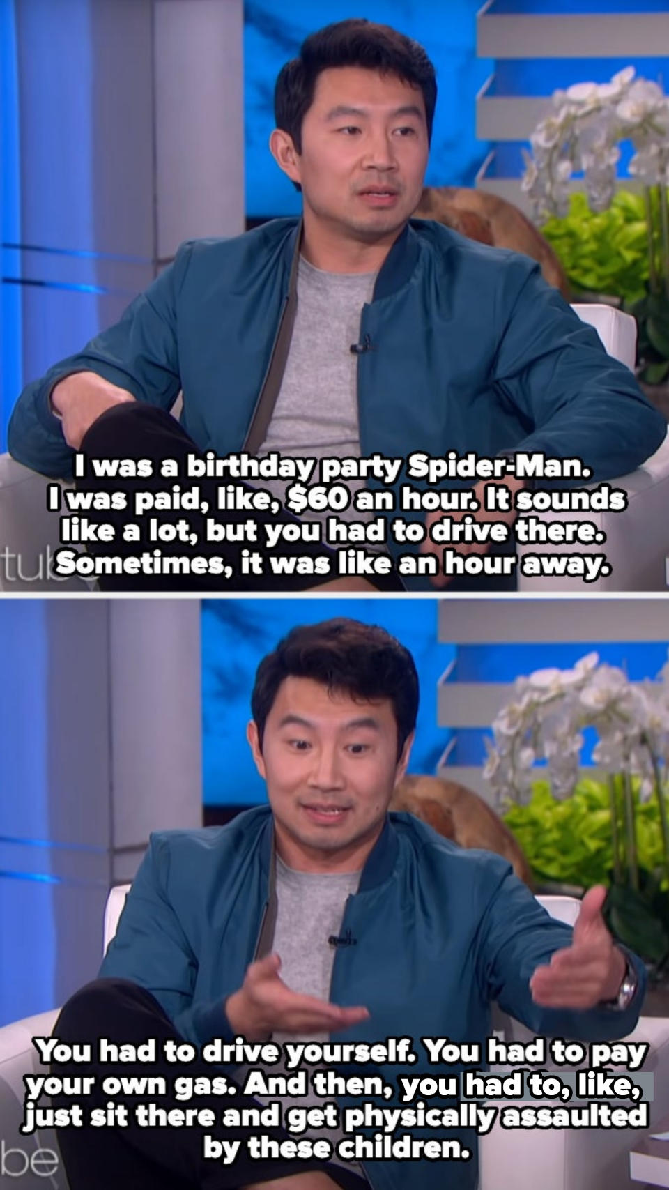 Simu Liu discusses on a talk show how he used to work as a birthday party Spider-Man, describing the challenging aspects of the job