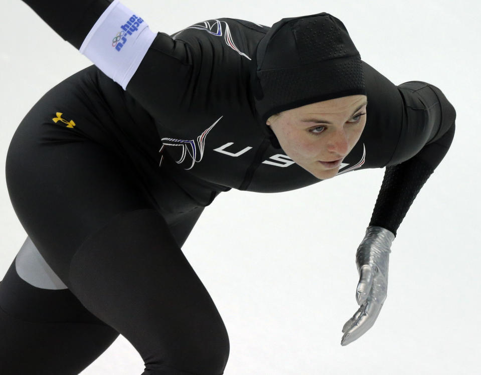 Heather Richardson of the U.S. competes in the second heat of the women's 500-meter speedskating race at the Adler Arena Skating Center during the 2014 Winter Olympics, Tuesday, Feb. 11, 2014, in Sochi, Russia. (AP Photo/David J. Phillip )