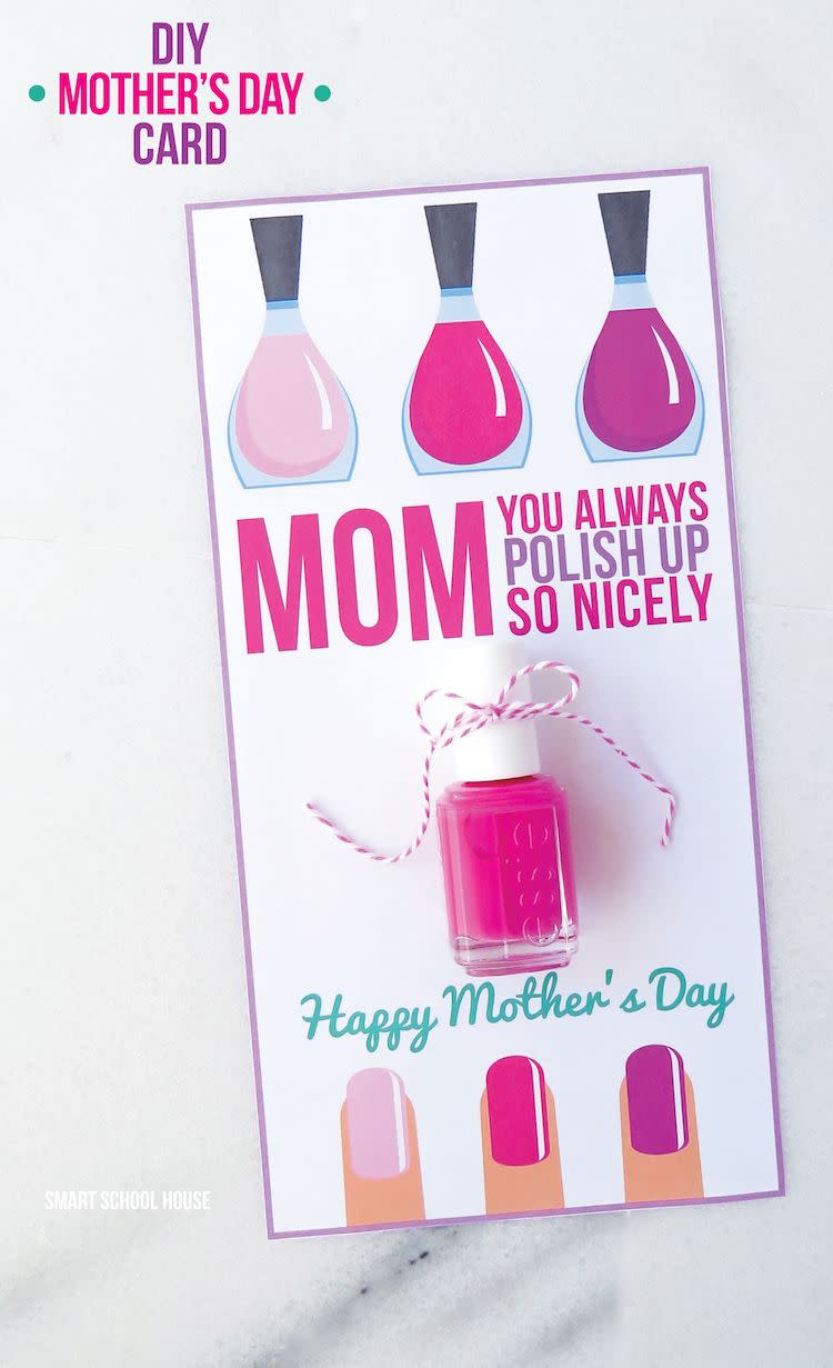 <p>Give your mom what she really wants this year: a fresh mani from her loved ones. </p><p><em><a href="https://www.smartschoolhouse.com/diy-crafts/nail-polish-mothers-day-card" rel="nofollow noopener" target="_blank" data-ylk="slk:Get the tutorial at Smart School House »;elm:context_link;itc:0;sec:content-canvas" class="link ">Get the tutorial at Smart School House »</a></em></p>