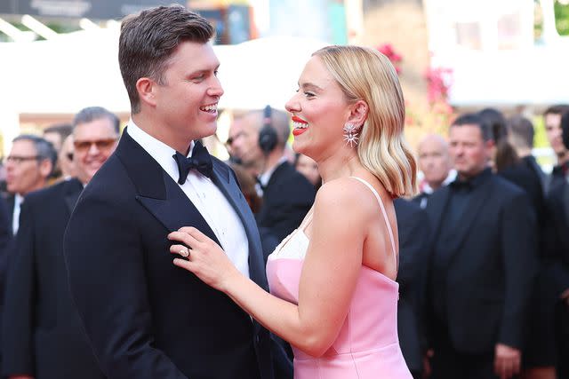 <p>Gisela Schober/Getty</p> : Colin Jost and Scarlett Johansson attend the "Asteroid City" red carpet during the 76th annual Cannes film festival