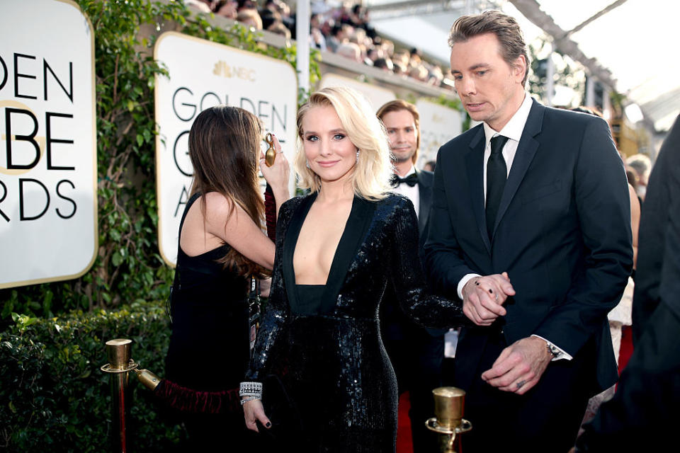 <p>And the award for cutest red carpet couple goes to Kristen Bell and Dax Shepard! Kristen stunned in a plunging black Jenny Packham dress while Dax complemented her in a traditional black suit and tie. <i> (Photos: Getty) </i> </p>