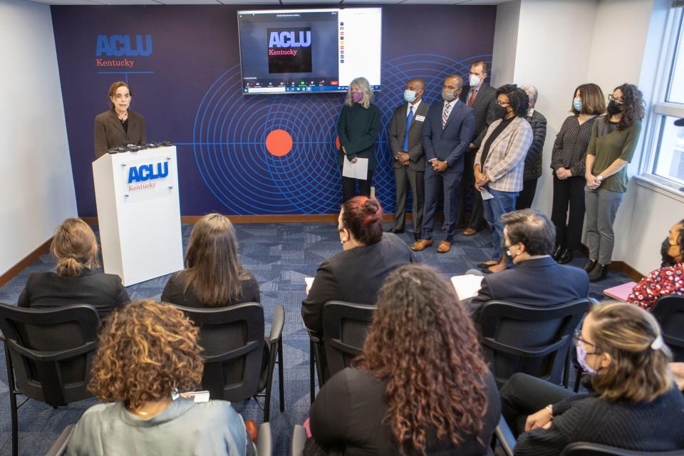 Carla Wallace speaks during an ACLU presentation regarding the recent string of deaths inside the Louisville Metro Corrections jail facility. Dec. 6, 2021