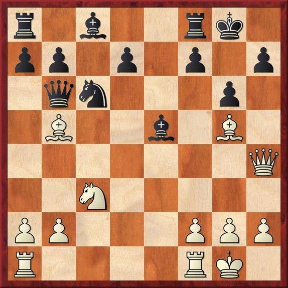 Aquí Judit llevaba las blancas contra Chillingirova y sacrificó un alfil jugando 14.Tae1! Axc3 15.bxc3 Dxb5 16. Dh6. Ahora se amenaza Af6 con el consiguiente mate. Como no sirve la defensa 16.f6 17.Axf6! Txf6 18.Te8+ Rf7 19.Df8 mate, las negras ensayaron otra defensa: 16.Df5.