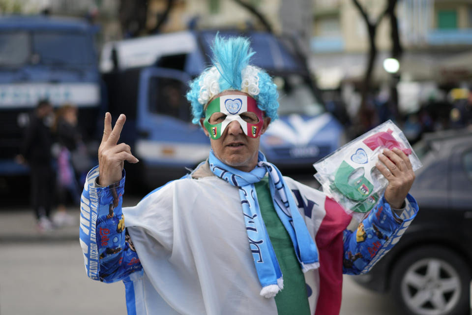 Napoli's fan stand in Naples, Italy, Thursday, May 4, 2023. (AP Photo/Andrew Medichini)