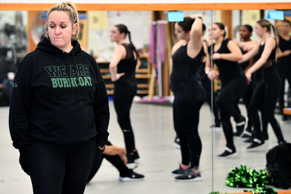 Coach Kellie Shea watches as the Burncoat High School Dance Team practices Wednesday.