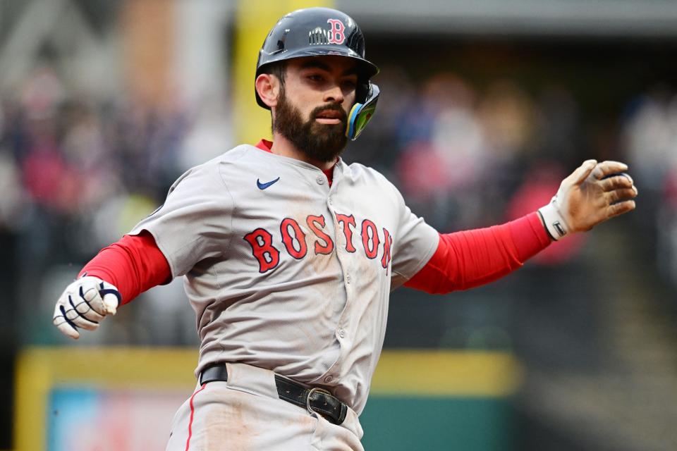 Apr 24, 2024; Cleveland, Ohio, USA; Boston Red Sox catcher Connor Wong (12) advances to third on an out made by first baseman Bobby Dalbec (not pictured) during the fourth inning against the Cleveland Guardians at Progressive Field. Mandatory Credit: Ken Blaze-USA TODAY Sports