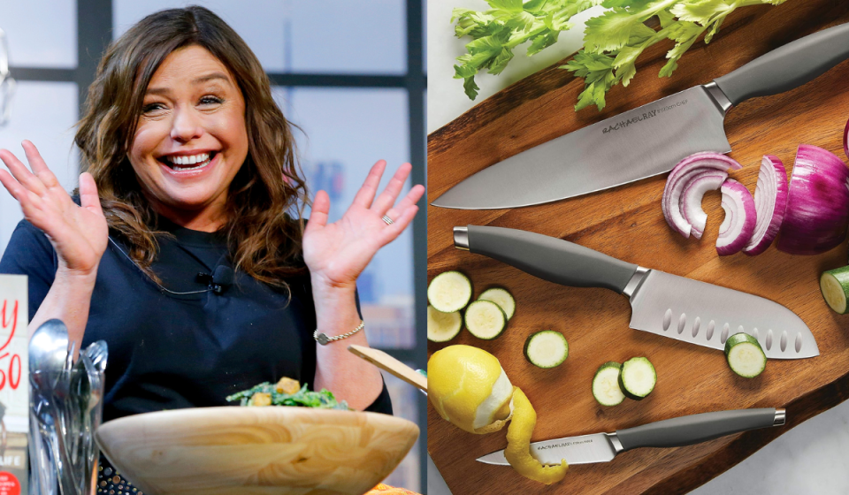 rachael ray / the 3-piece knife set on a cutting board surrounded by ingredients