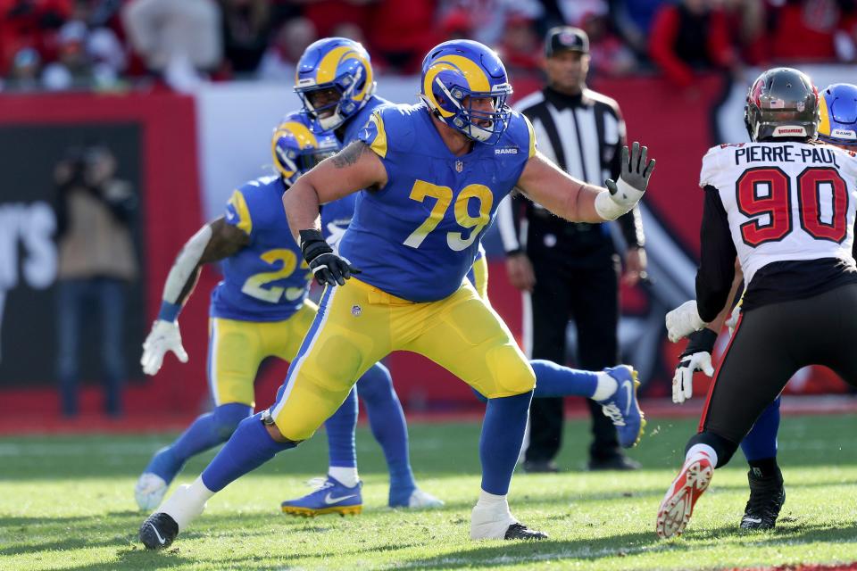 Rob Havenstein blocks during a playoff game Jan. 23, 2022.