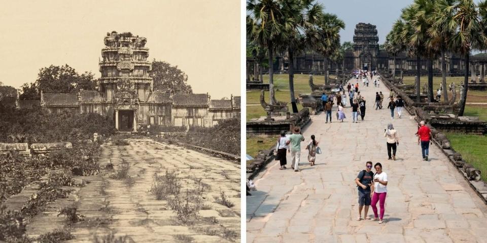 A side by side comparison of Angkor Wat upon its discovery and two centuries later.