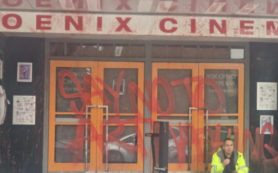 Activists vandalised one of the Phoenix Cinema in East Finchley after writing 'say no to artwashing' in red paint on the front of the building