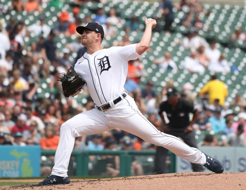 Detroit Tigers starter Tyler Alexander (70)  pitches against Colorado Rockies during fourth-inning action on Sunday, April 24, 2022, at Comerica Park in Detroit.