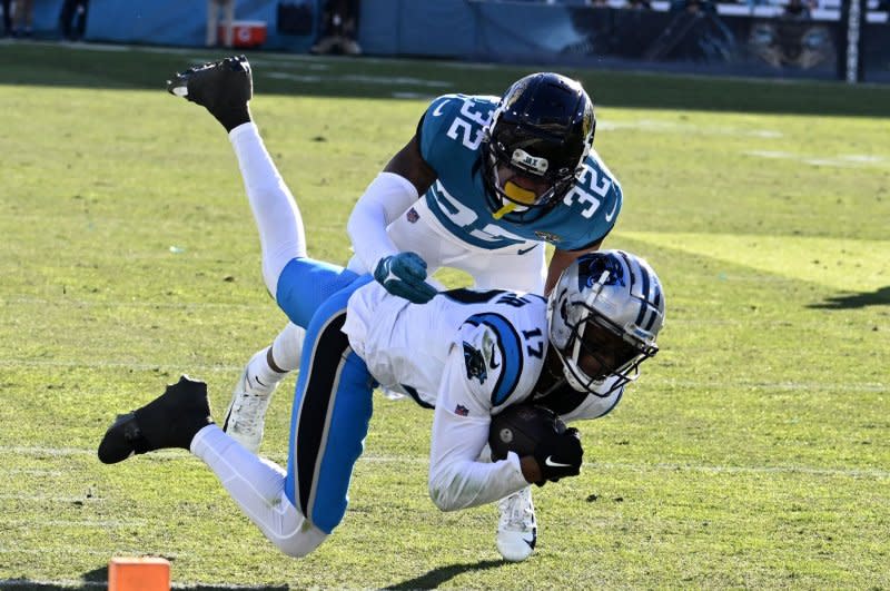 Wide receiver D.J. Chark Jr. (bottom) caught five touchdown passes last season while with the Carolina Panthers. File Photo by Joe Marino/UPI