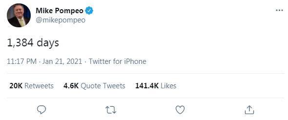 蓬佩奧卸任後，在推特po出距離下次總統大選的日期，被解讀有意角逐2024。（翻攝自Mike Pompeo推特）