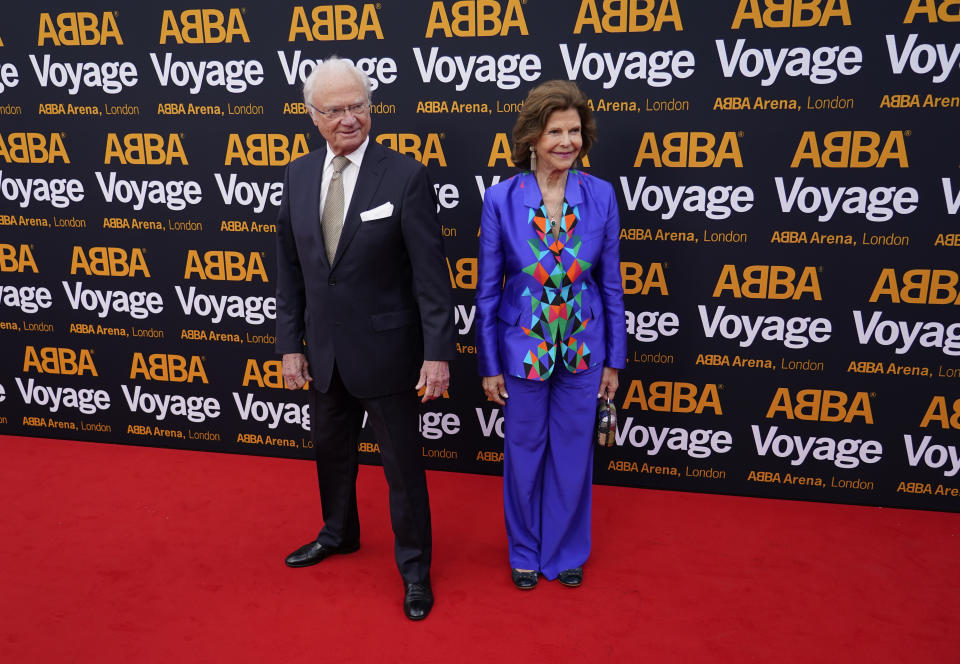 Sweden's King Carl Gustaf and Queen Silvia arrive for the ABBA Voyage concert at the ABBA Arena in London, Thursday May 26, 2022. ABBA is releasing its first new music in four decades, along with a concert performance that will see the "Dancing Queen" quartet going entirely digital. The virtual version of the band will begin a series of concerts on Thursday. (AP Photo/Alberto Pezzali)