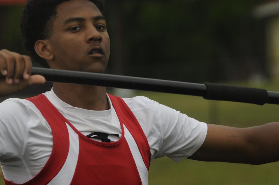 Gaston's Kodie Bogle takes first place in the Javelin during the county track meet at Gadsden City high school in Gadsden, Alabama on Wednesday, April 17, 2024. (Maxwell Donaldson, The Gadsden Times)