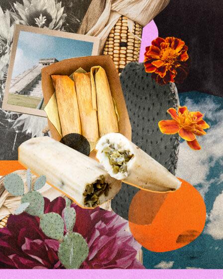 Collage of tamales, flowers, cacti