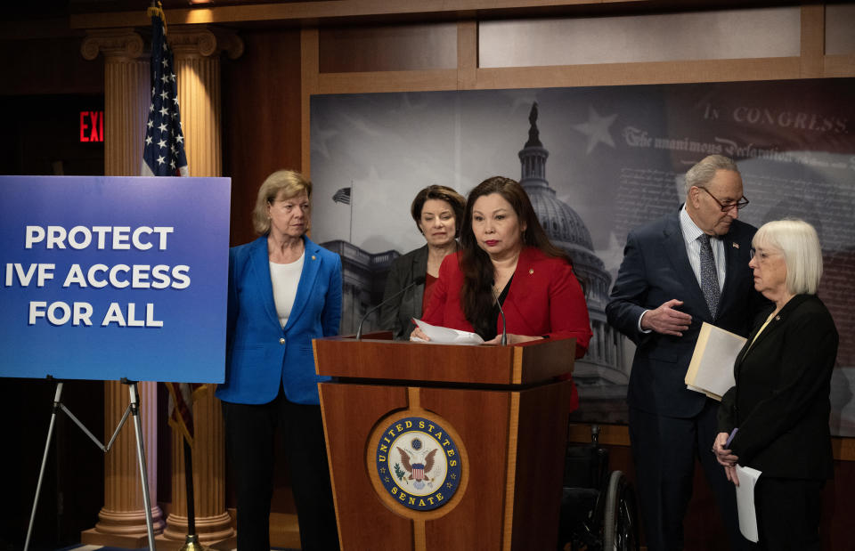 Senator Tammy Duckworth, an Illinois Democrat, speaks during a news conference, on protections for access to in vitro fertilization as on February 27, 2024 in Washington, DC. / Credit: ANDREW CABALLERO-REYNOLDS/AFP via Getty Images