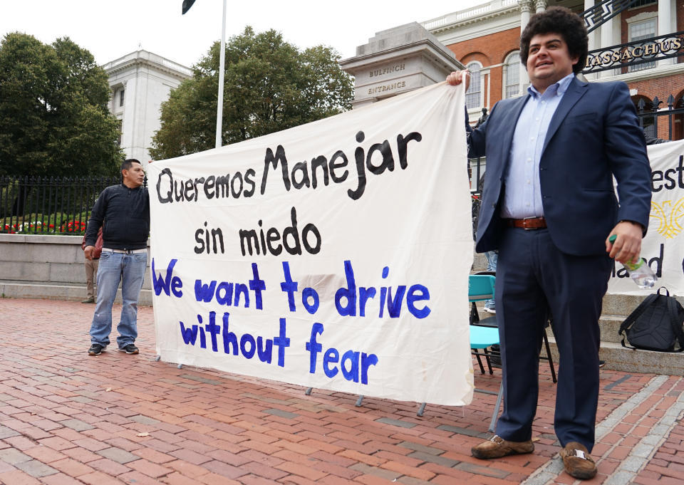 Part of Thursday's demonstration at the Massachusetts State House. (Photo: Courtesy Movimiento Cosecha / Never Again Action )