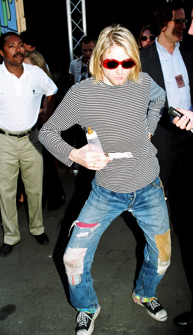 Kurt Cobain wears patched 501s at the MTV Video Music Awards in 1993.