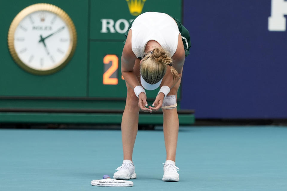 Danielle Collins reacts after defeating Elena Rybakina, of Kazakhstan, in the women's singles final of the Miami Open tennis tournament, Saturday, March 30, 2024, in Miami Gardens, Fla. (AP Photo/Lynne Sladky)