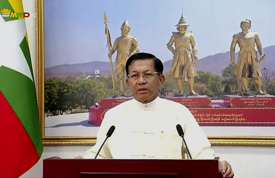 FILE - In this file image from video broadcast April 18, 2021, over the Myawaddy TV channel, Senior Gen. Min Aung Hlaing delivers his address to the public during Myanmar New Year. One hundred days since their takeover, Myanmar’s ruling generals maintain just the pretense of control over the country. (Myawaddy TV via AP)