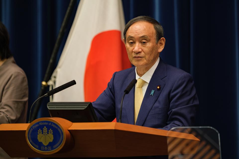 Japan's Prime Minister Yoshihide Suga speaks during a press conference about the Tokyo Olympics (Getty Images)