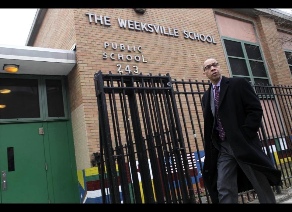 New York City Schools Chancellor Dennis Walcott arrives at the Weeksville School in the Brooklyn section of New York, Wednesday, Feb. 8, 2012. A New York City teacher's aide at the school already accused of possessing child pornography was jailed Tuesday after prosecutors brought new allegations that he videotaped himself spanking one naked child and fondling another in a public elementary school classroom. (AP Photo/Seth Wenig)
