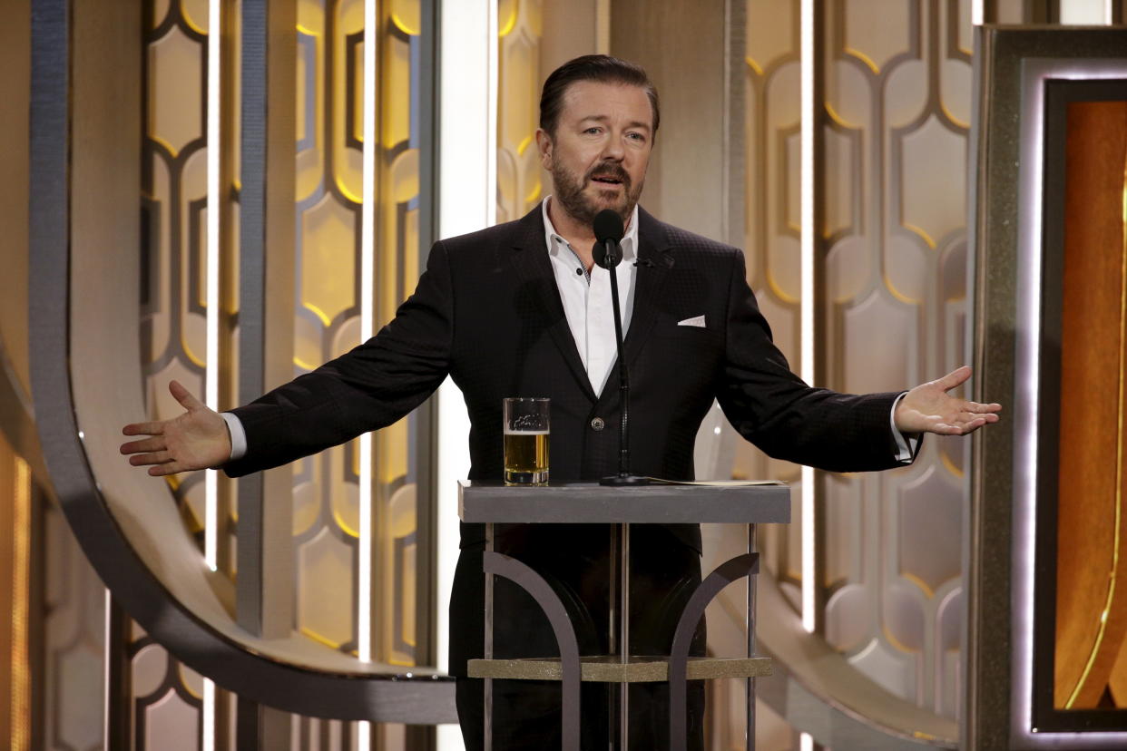 Ricky Gervais hosts the 73rd Golden Globe Awards in Beverly Hills, California, January 10, 2016.  REUTERS/Paul Drinkwater/NBC Universal/Handout For editorial use only. Additional clearance required for commercial or promotional use. Contact your local office for assistance. Any commercial or promotional use of NBCUniversal content requires NBCUniversal's prior written consent. No book publishing without prior approval.